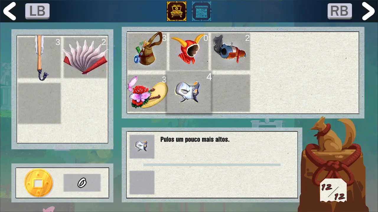 Tela de itens, onde o jogador combina equipamentos para montar o próprio estilo de jogo.