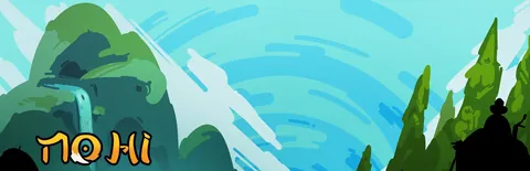Banner de paisagem com montanhas, cachoeira e céu, logo pequeno no canto.