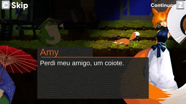 Diálogo em que Amy, a semideusa raposa com leque, diz: “Perdi meu amigo, um coiote.”
