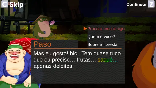 Diálogo com Paso (a persona do sapo), de quimono azul e guarda-chuva vermelho, com opções de resposta.