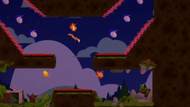 Plataformas entre paredes de espinhos sob um céu roxo com orbes flutuando.