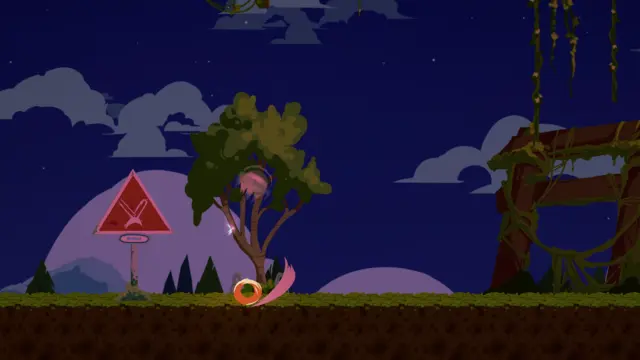 Campo à noite com uma placa triangular vermelha e uma árvore torta.
