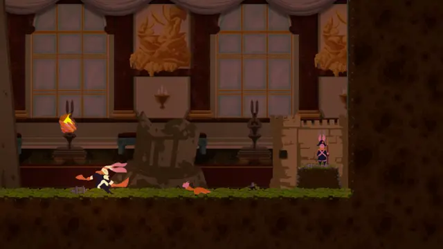 Amy corre pelo salão do palácio entre tochas.