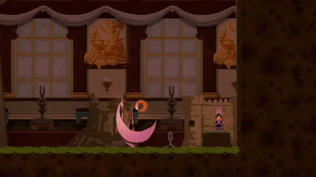 Golpe em forma de lua crescente rosa no salão do palácio.